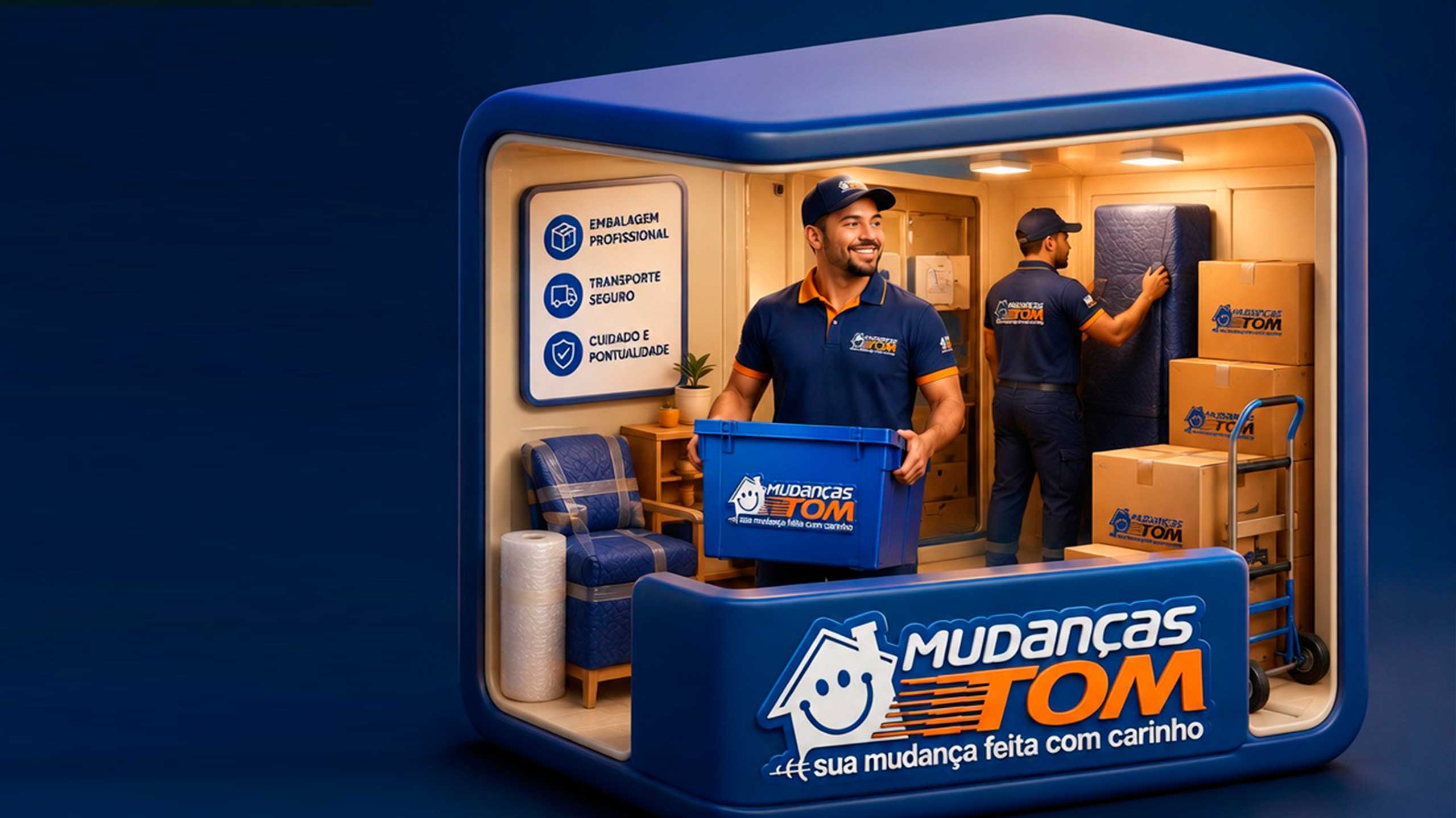 Equipe da Mudanças Tom preparando móveis e caixas para transporte