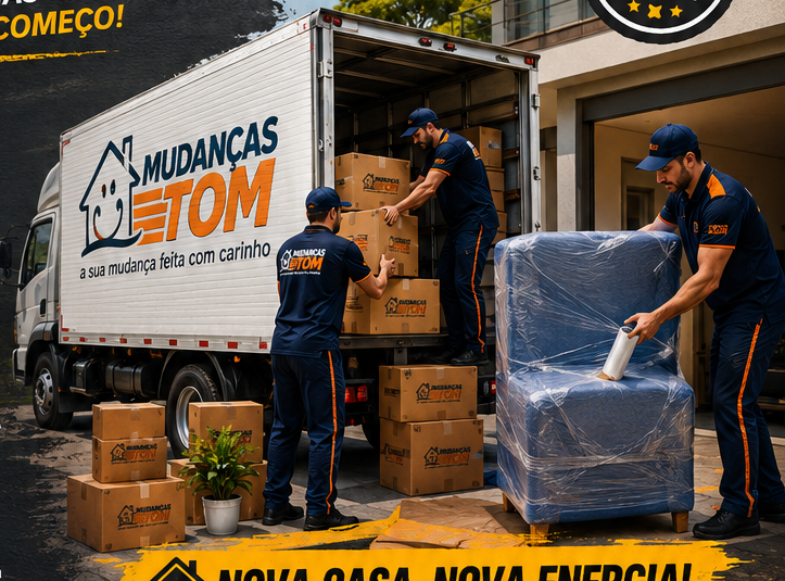 Equipe da Mudanças Tom embalando, carregando e transportando os móveis