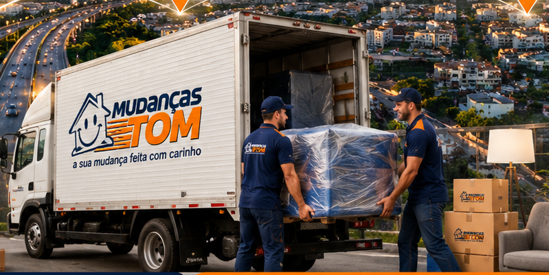 Equipe da Mudanças Tom carregando um móvel protegido no caminhão